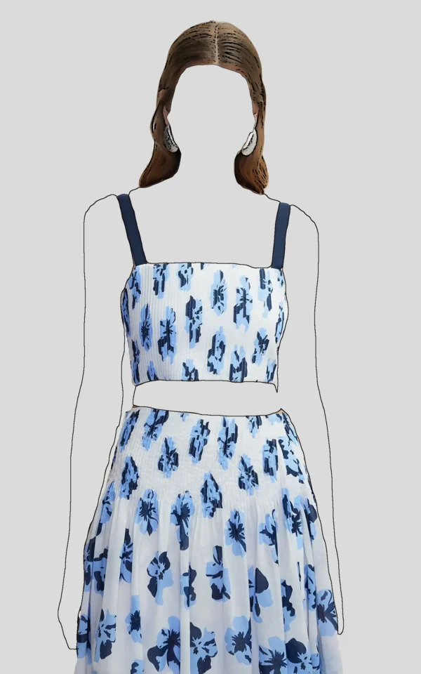 بلوز زنانه آبی-سفید طرح‌گل آستین بندی خنک ایپکیول