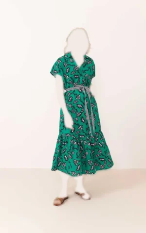 پیراهن زنانه سبز با طرح بته‌جقه و کمربند راه‌راه برند ROMAN کد Y2411047