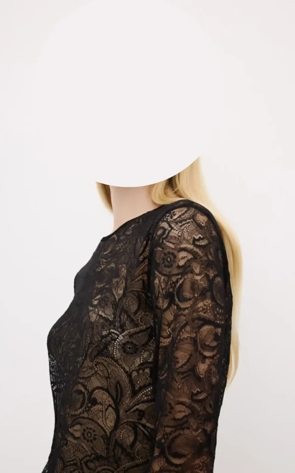 بلوز زنانه توری آستین بلند مشکی adL مناسب استایل مجلسی و لوکس از نمای پهلو