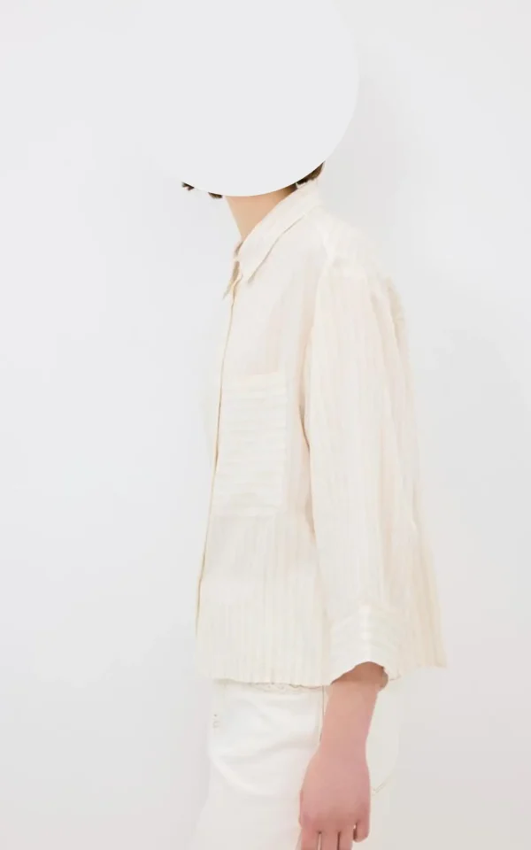 نمای پهلو شومیز زنانه راه راه adL رنگ بژ