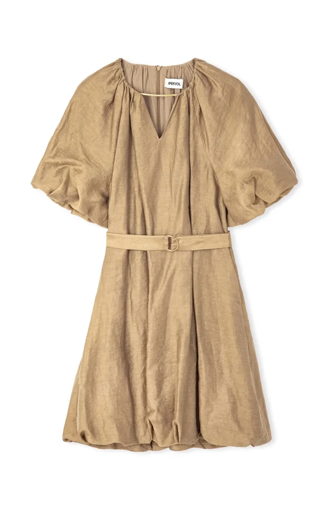 پیراهن بژ زنانه آستین کوتاه بادکنکی مدل ساعت شنی ایپکیول