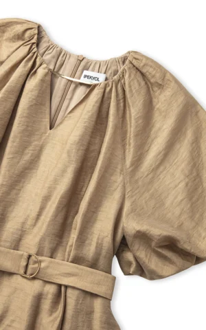 پیراهن بژ زنانه آستین کوتاه بادکنکی مدل ساعت شنی ایپکیول