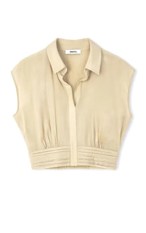 بلوز زنانه بژ بدون آستین یقه‌دار ایپکیول