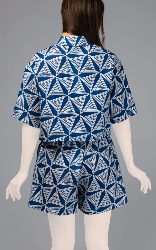 شلوارک زنانه نوادو آبی-سفید طرحدار بند و کش دار نمای پشتی